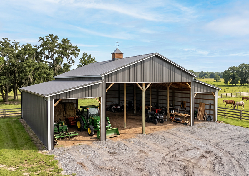Metal barn construction with equipment